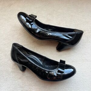 Paul Green Munchen Women 6 UK 3.5 Black Patent Leather Bow Pump Mid Heel Classic